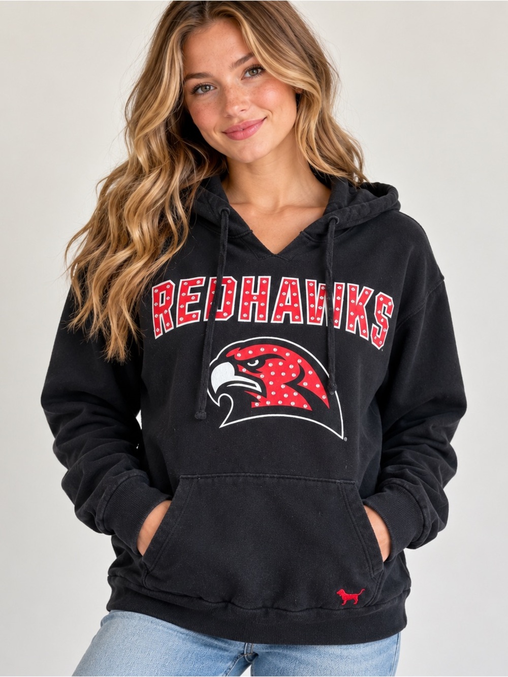 PINK Victoria's Secret Black Hoodie with Red Redhawks Graphic and Rhinestones